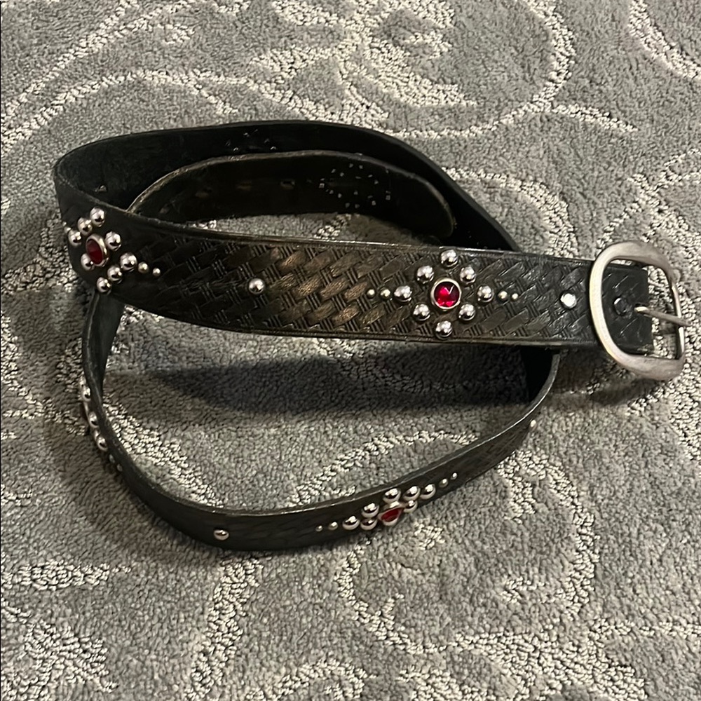 Black and Red Studded Leather Belt with Silver Buckle